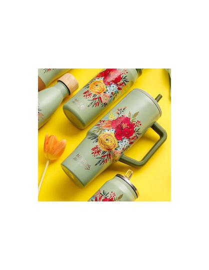 Nava "we Care" Handled Tumbler Thermos Stainless Steel / Plastic 900ml Green Floral with Straw and Handle