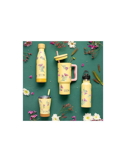 Nava "we Care" Handled Tumbler Θερμός Ανοξείδωτο / Πλαστικό 900ml Cream Floral με Καλαμάκι και Λαβή