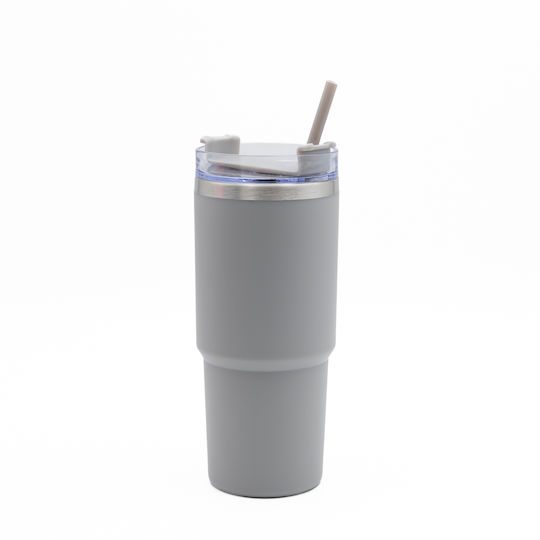 TnS Thermos Bottle Stainless Steel 600ml Grey with Straw