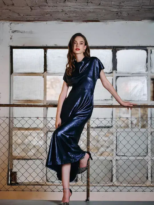 Summer Maxi Evening Satin Drape Blue Dress