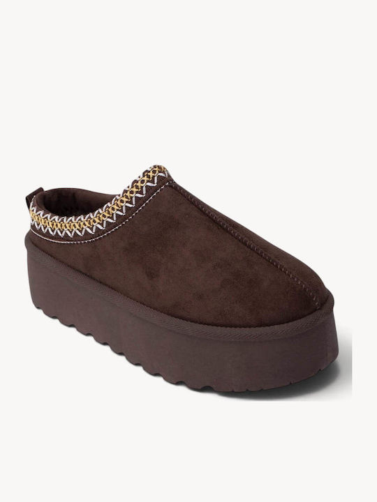 Καφέ Suede Clogs Πλατφόρμα Κεντητές Λεπτομέρειες