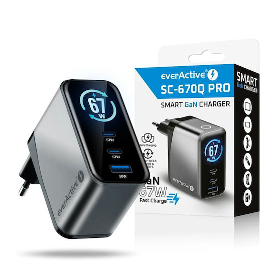 EverActive Φορτιστής Χωρίς Καλώδιο GaN με Θύρα USB-A και 2 Θύρες USB-C 67W Power Delivery Γκρι (SC-670Q)