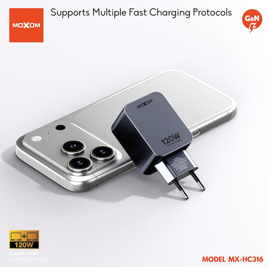 Moxom Зарядно Устройство Без Кабел GaN с USB-A Изходен Порт и USB-C Изходен Порт 120W Черно 022626