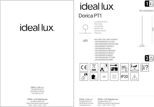 Ideal Lux Dorica LED Floor Lamp H190xW25cm. with Warm White Light 7100lm Yellow