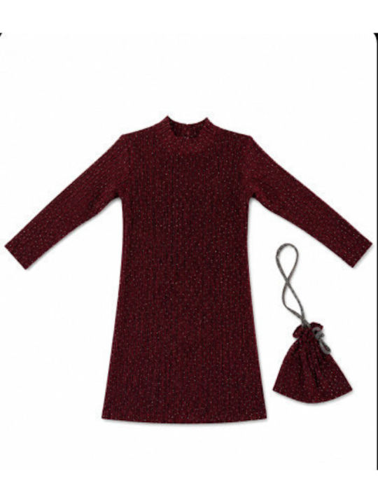 Girls Dress Long Sleeve with Sequins Set of 2 with Accessories Burgundy