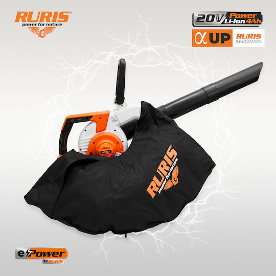 Ruris 1244e Φυσητήρας / Απορροφητήρας Χειρός 20V με 2 Μπαταρίες 4Ah & Ρύθμιση Έντασης με Μέγιστη Ταχύτητα Αέρα 288km/h
