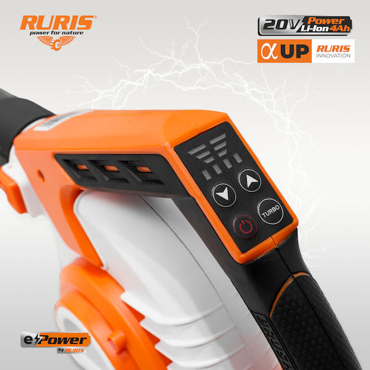 Ruris 1244e Φυσητήρας / Απορροφητήρας Χειρός 20V με 2 Μπαταρίες 4Ah & Ρύθμιση Έντασης με Μέγιστη Ταχύτητα Αέρα 288km/h