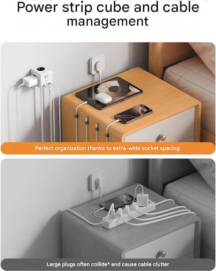 Honizer 7-in-1 Cub Multi-Priză Triplu Prize Electrice Cu Cheie Cu 2 Porturi USB Cu Comutator Albă
