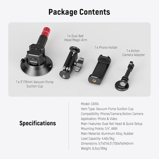 Suport Cu Ventuză Dslr 3 Inch Braț Magic Neewer Ca104 Pompă De Vid Suport 20kg Cap Bilă 360 De Grade Filet 1/4 3/8 Arri Adaptor Gopro Insta360 Dji Suport Telefon Inclus Aluminiu