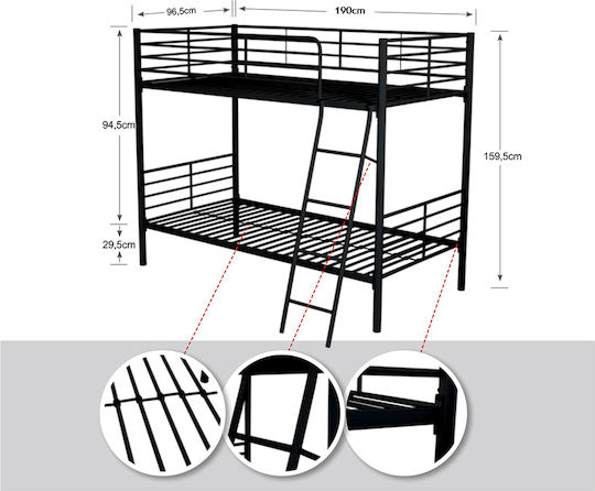 Kids Bed Bunk Single with Mattress Black 90x190cm