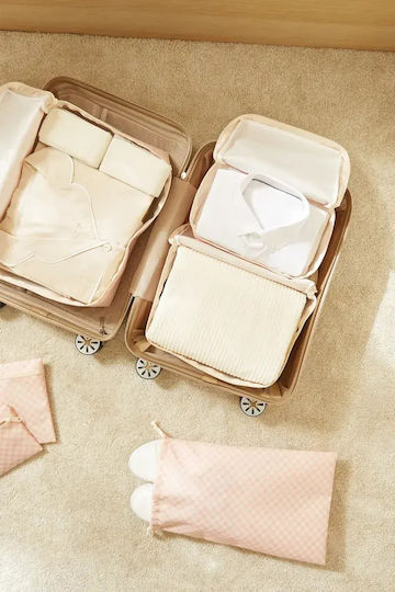 Stewehome Suitcase Organizer Set Cotton Checkered Pattern Set of 6 Pieces 32x25x25 Cm