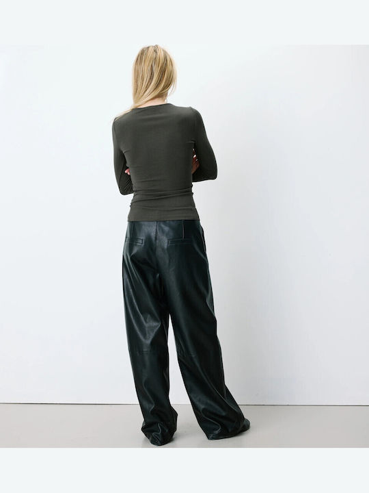 Damenbluse Baumwoll Langärmelig Drapierung Khaki