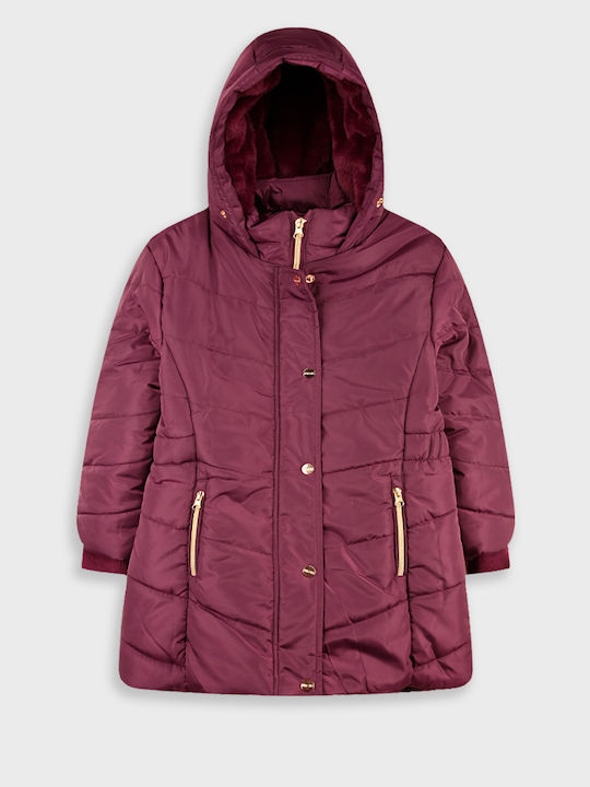 Kids Short Fur Hooded Burgundy