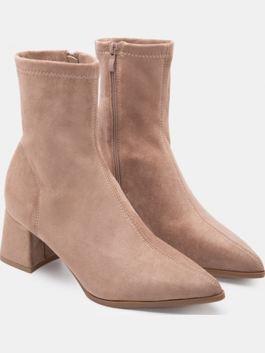 Suede Women's Ankle Boots with Medium Heel Beige