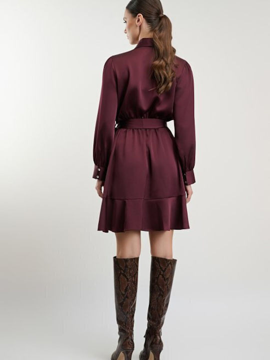 Sommer Mini Abend Hemdkleid Satin Wickel Burgundisch