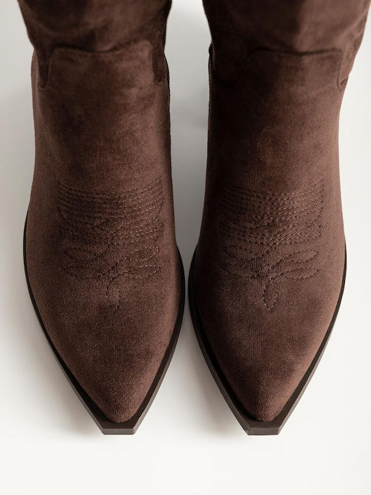 Suede Γυναικείες Μπότες Cowboy με Μεσαίο Τακούνι Καφέ