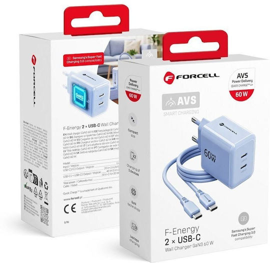 Forcell Încărcător GaN cu 2 Porturi USB-C și Cablu USB-C - USB-C 60W Power Delivery Albastru (F-energy)