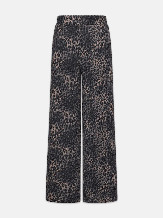 Women's High Rise Fabric Trousers Leopard Black
