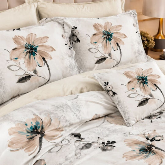 Pucioasa Set Duvet Cover 200x230cm Double with 4 Pillowcases and 1 Bed Sheet Beige Flowers 1