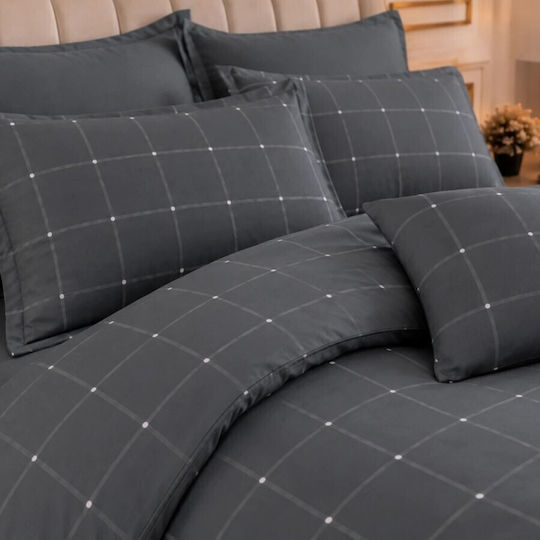Pucioasa Set Huse Pentru Pilote 200x230cm Dublă Cu 4 Fețe De Pernă & 1 Cearșaf Gri În Carouri