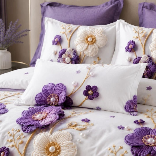 Pucioasa Set Huse Pentru Pilote 200x230cm Duble Cu 4 Fețe De Pernă Și 1 Cearșaf Purple And Cream Flowers