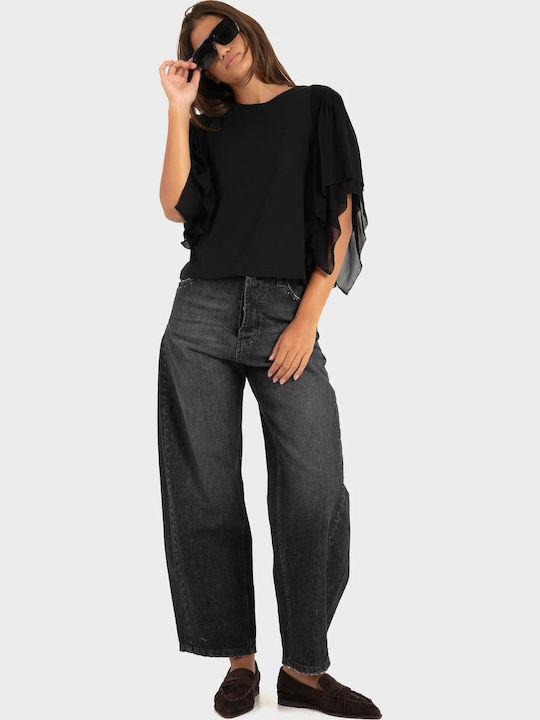 Women's Cotton Blouse with Mesh Black