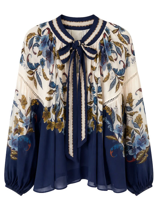 Women's Blouse Long Sleeve Ecru Brown Blue