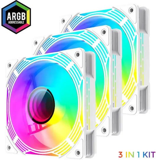 GameMax Ventilator Carcasă VEGMKF300WH 120mm (44cfm) cu Iluminare ARGB și Conexiune 3-Pin / 4-Pin PWM 3 Bucăți Alb