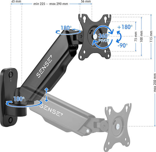 SENSE7 Hang Wall Επιτοίχια Βάση Οθόνης έως 32" με Βραχίονα