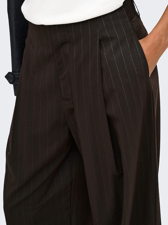 Only Women's Fabric Trousers with Elastic in Balloon Leg Style Striped Dark Brown
