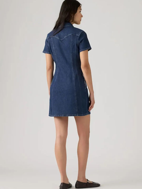 Western Summer Mini Shirt Dress Denim Blue