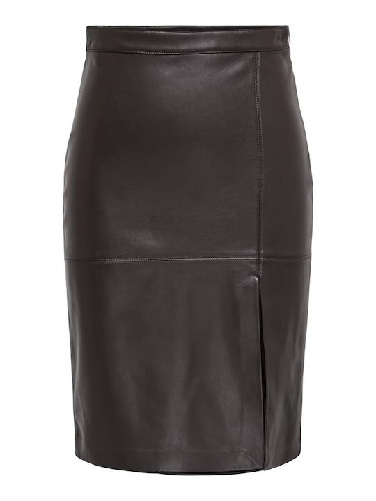 Leder Bleistift Hohe Taille Midi Damenrock Braun