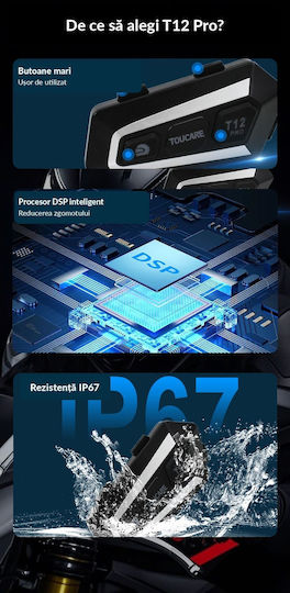 Toucare Τ12 Pro Μονή Ενδοεπικοινωνία για Κράνος Μηχανής με Bluetooth