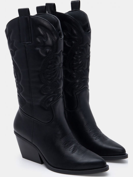 Suede Women's Cowboy Boots with Mid Heel Black