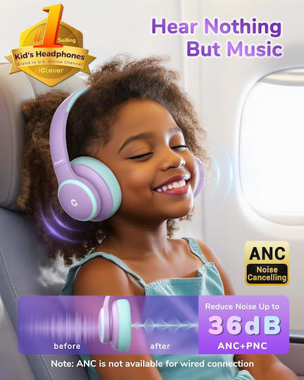 iClever Bth26 Căști Audio Fără Fir Cu Fir de Copii Over Ear Cu 60 Ore de Autonomie și Quick Charge Violet