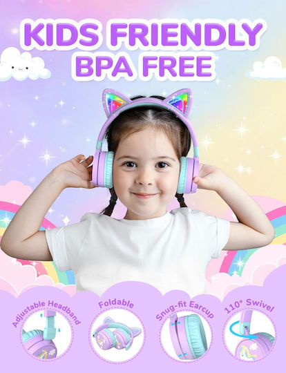 iClever Bth21 Căști On Ear Pentru Copii Wireless / Cu Fir Cu 60 Ore Autonomie și Încărcare Rapidă Purple/Green