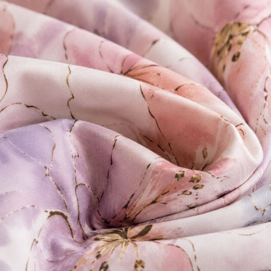 Pucioasa Set Duvet Cover 200x230cm Double with 4 Pillowcases & 1 Bed Sheet Pastel Pink-Lilac Flowers