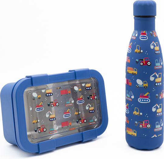 Sidirela Happy Trucks Edelstahl Kinderlebensmittelbehälter Abendessen-Set 0.5Liter Thermisch Blau