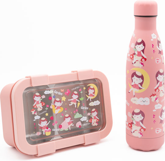 Sidirela Happy Garden Edelstahl Kinderlebensmittelbehälter Abendessen-Set 0.5Liter Thermisch Rosa