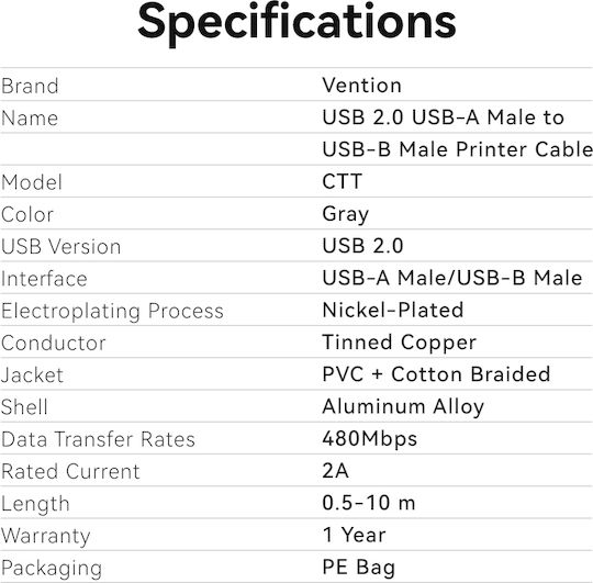 Vention USB 2.0 Cable USB-A Male - USB-B Male Silver 10m CTTHL