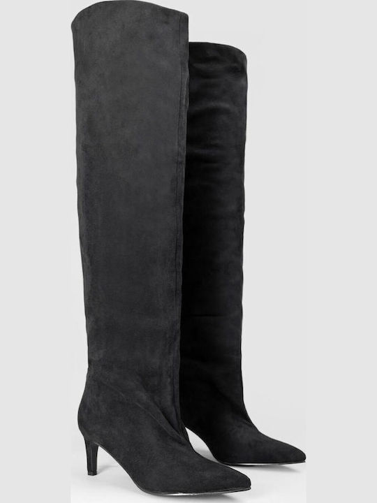 Wildleder Damenstiefel mit Mittelhohem Absatz Schwarz