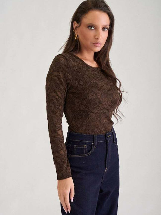 Bluza Damă Catifelată Cu Dantelă Maro Închis