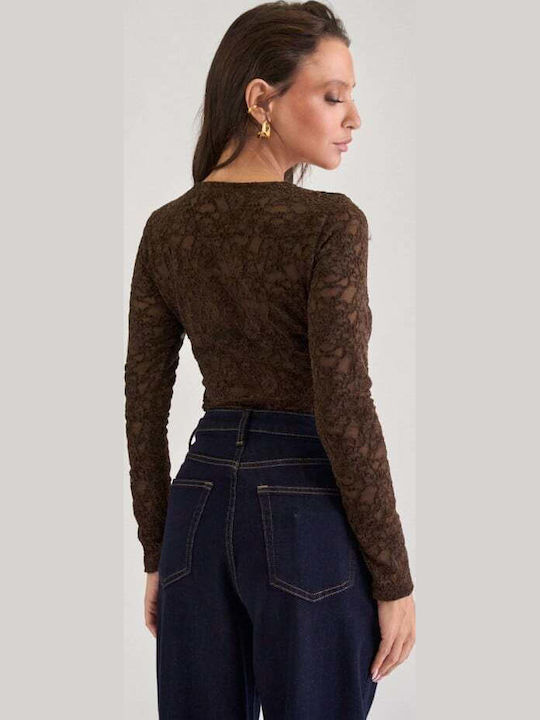 Bluza Damă Catifelată Cu Dantelă Maro Închis