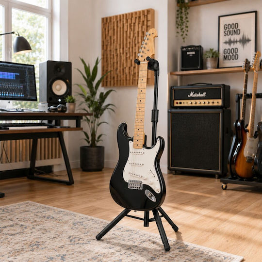 V-tone Deluxe G1 Регулируема Сгъваема Стоманена Черна Стойка за Китара Yoke Holder С Гравитационно Активиращо се Рамо Заключване 77-120 См До 10 Кг