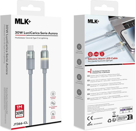 MLK+ LED USB-C to Lightning Cable 30W Grey 1m