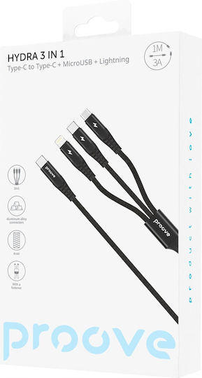 Proove USB към Type-C / micro USB / Lightning Кабел 3A Черен 1m CCHY15012101