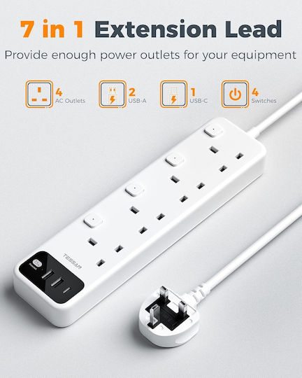 Tessan Πολύπριζο 7 Θέσεων με 1 USB-A, 1 USB-C, Διακόπτη και Καλώδιο 2m