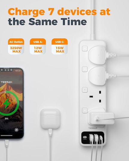 Tessan Πολύπριζο 7 Θέσεων με 1 USB-A, 1 USB-C, Διακόπτη και Καλώδιο 2m