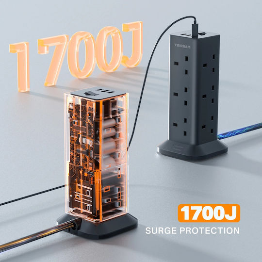 Tessan Steckdosenleiste 12 Anschlüsse mit 1 USB-A, Schalter und 3m Kabel