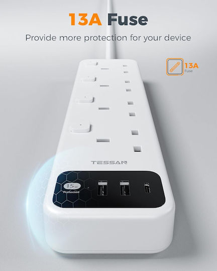 Tessan Πολύπριζο 7 Θέσεων με 1 USB-A, 1 USB-C, Διακόπτη και Καλώδιο 2m